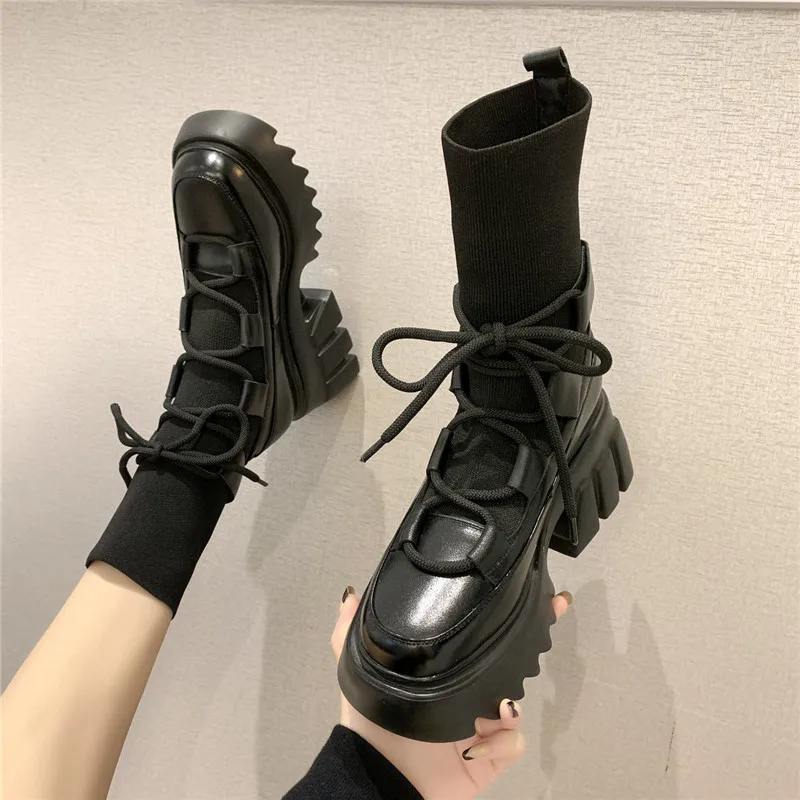 

COOTELILI Women Boots Round Toe Women's Boots Casual Shoes 2021 Fashion Lace Up Woman Boots 6cm Heel Botas Femininas 35-39