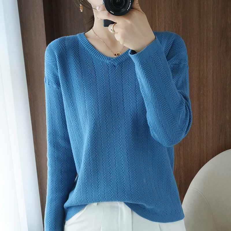 

2021 autumn and winter new sweater woman V-neck pullover casual knit top Korean fashion female jacket long sleeve