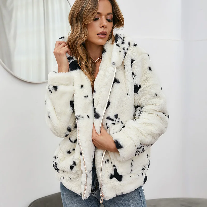 Худи из искусственного меха с леопардом Женская куртка Осень-Зима Повседневное