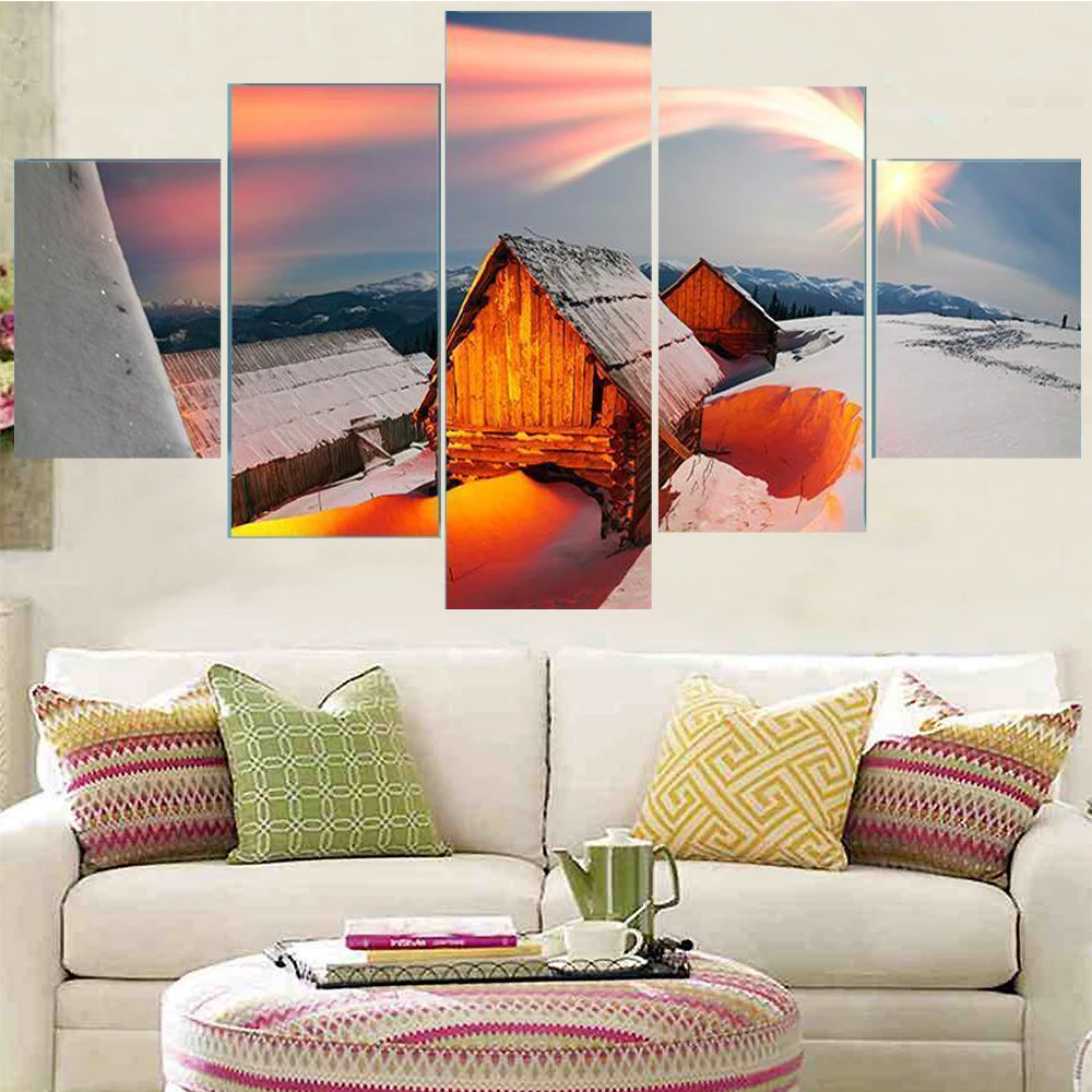 

5 Pieces Wall Art Canvas Painting Snow Mountain Lodge Landscape Poster Modular Pictures Home Decoration Modern Living Room