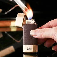 old retro style leather grinding wheel open flame metal gas butane red flame cigar cigarette lighter mens high end small gift