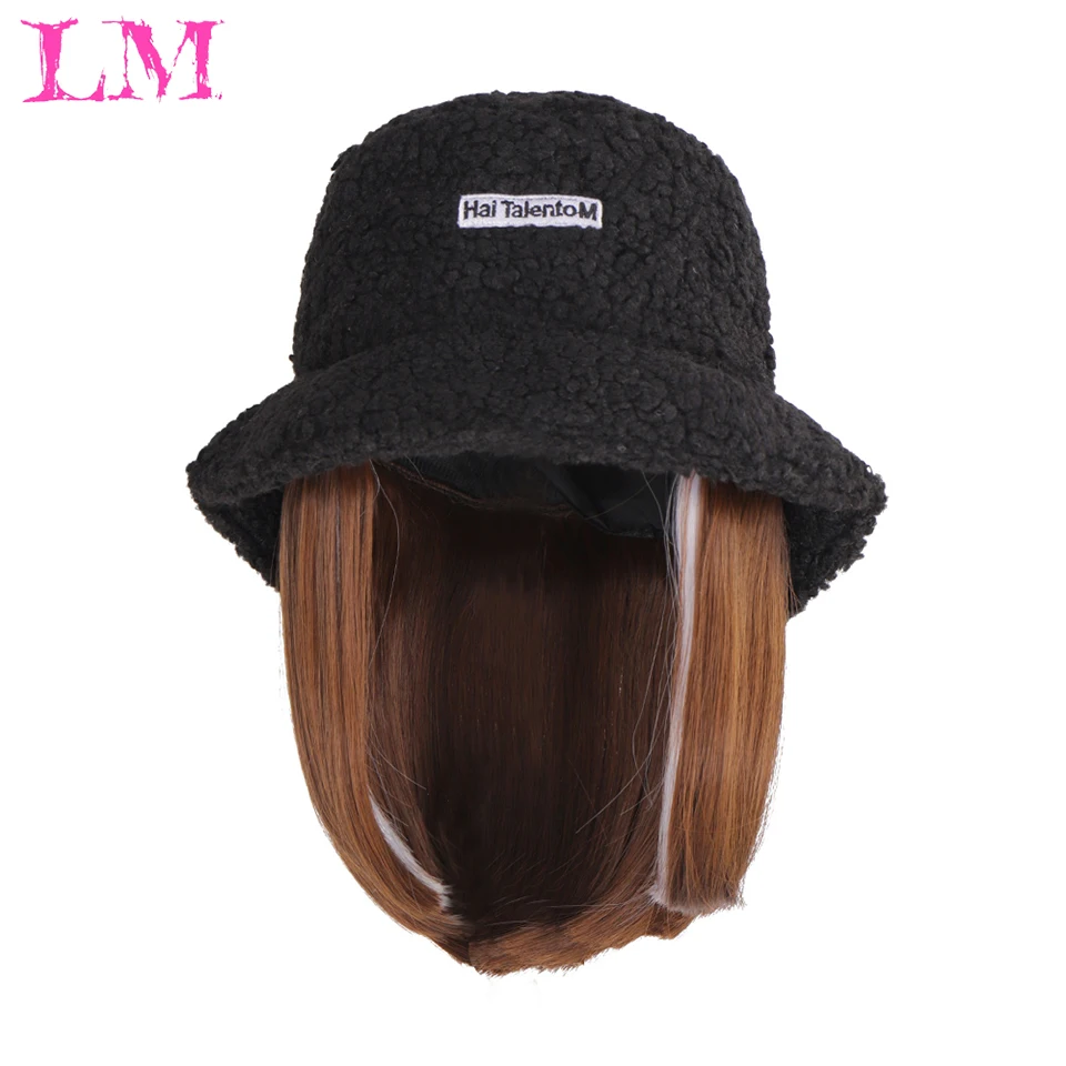 

LM бархатное ведро женский парик из синтетической длинной волнистой вьющейся зимней Панамы с широким покрытием парик «Все в одном» с шляпой
