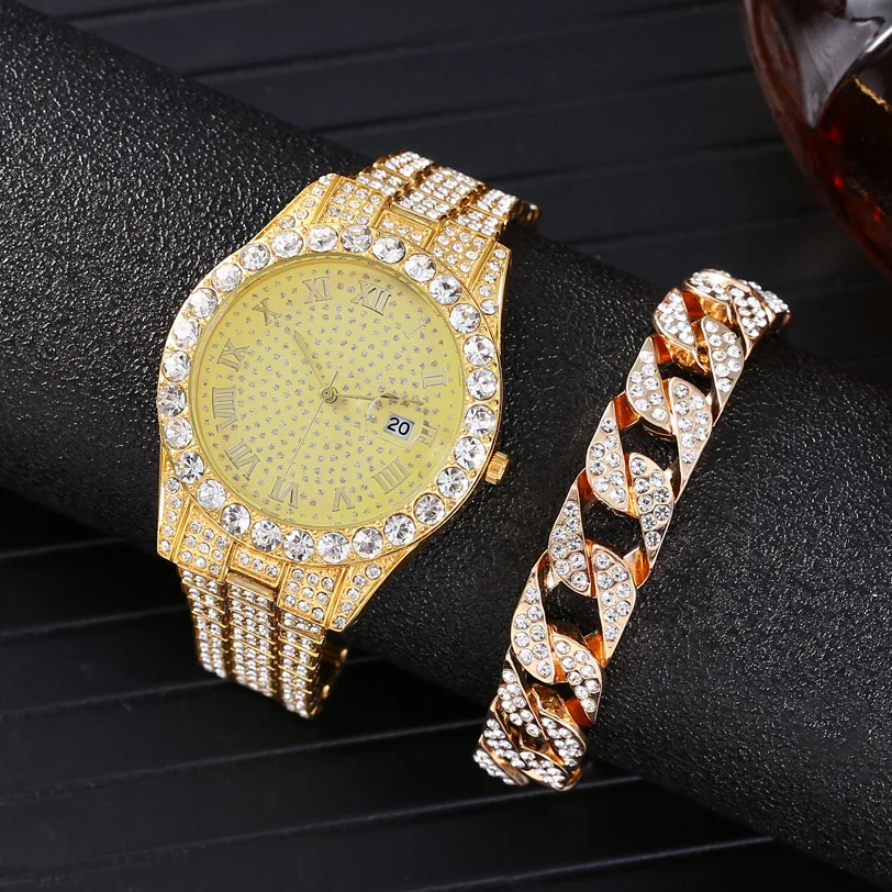 Iced Out Bracelet + Watches for Men Women Luxury Full Iced Out Watch Quartz Wristwatch Hip Hop Gold Diamond Mens Watch Set Reloj