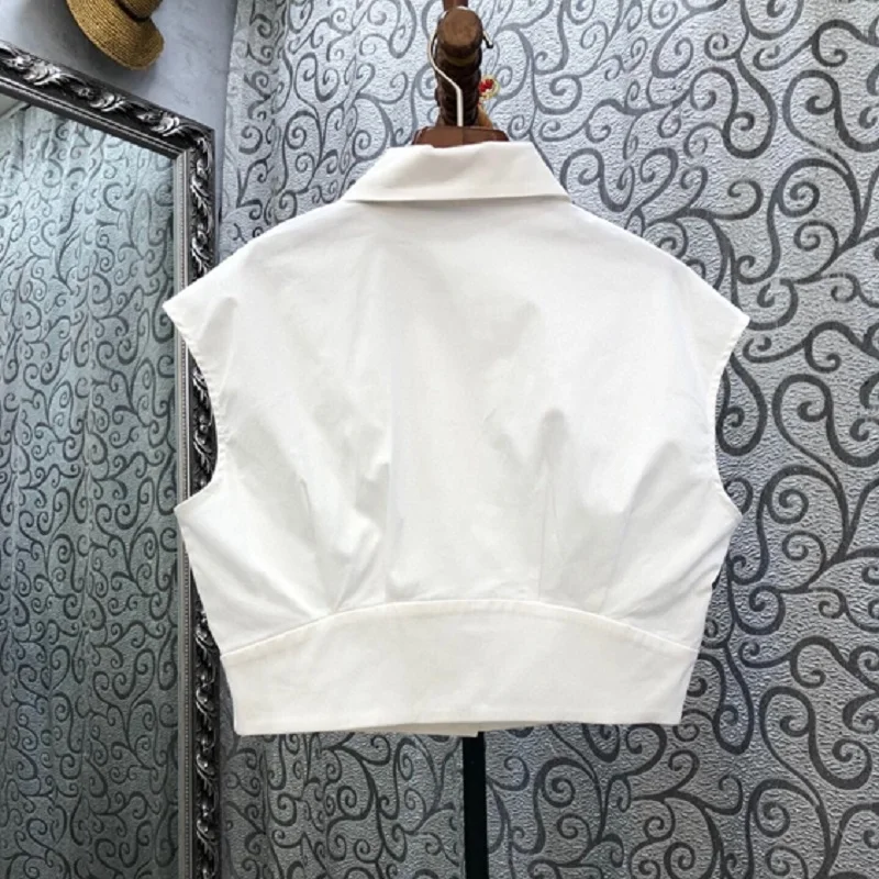 

100%Cotton Crop Tops 2020 Autumn Style Women Turn-down Collar Buttons Front Sleeveless Casual White Shirts Ladies Basic Tops