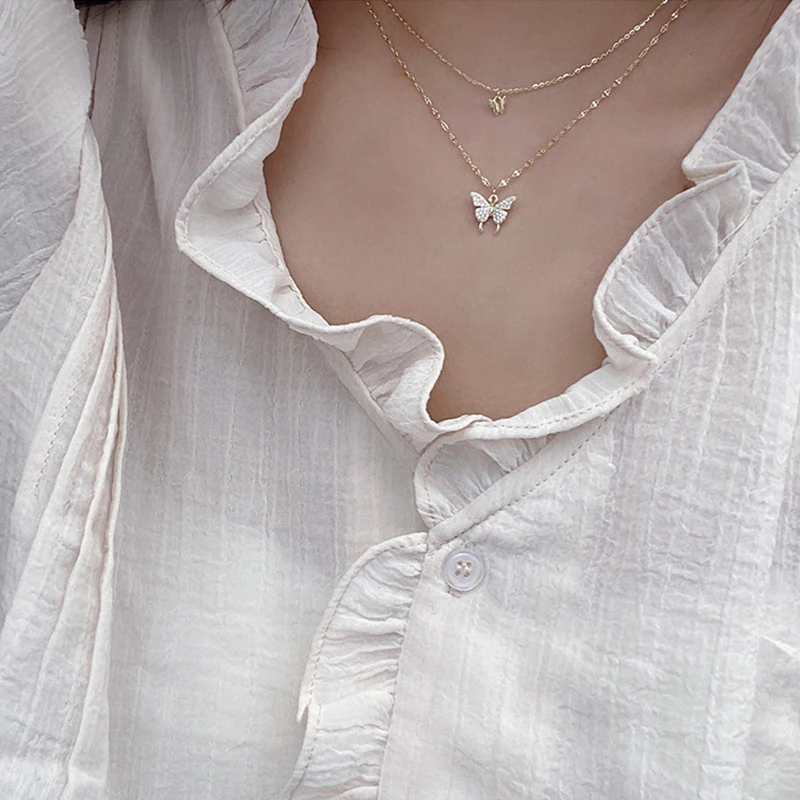 

SIPENGJEL Fashion Cubic Zircon Buterfly Pendant Necklace Dainty Double Layer Clavice Chain Necklace For Women Jewelry Gifts