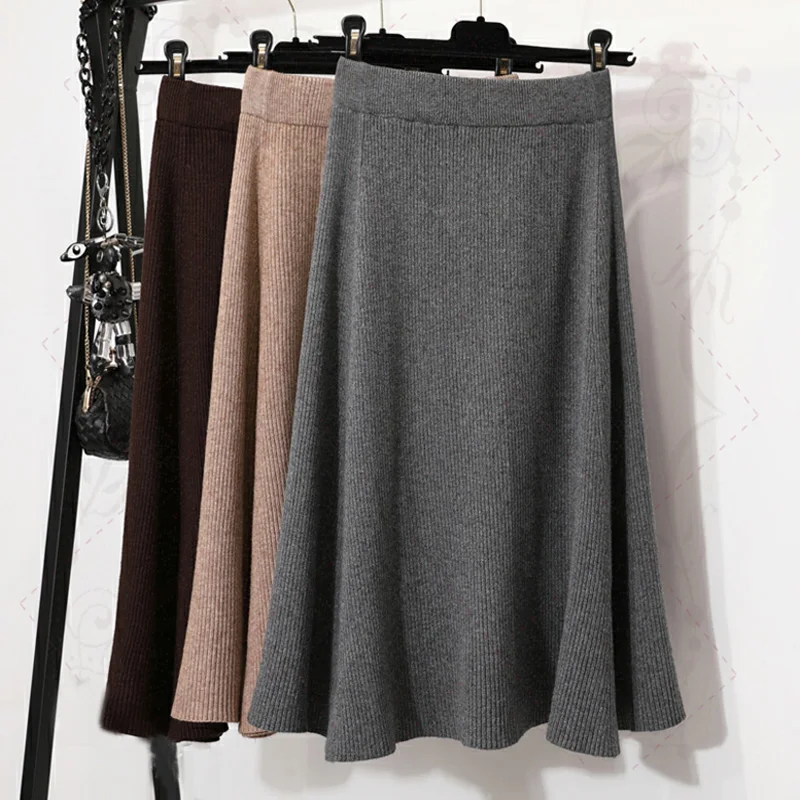 Осенне зимняя длинная трикотажная юбка из толстой шерсти кашемировая теплая
