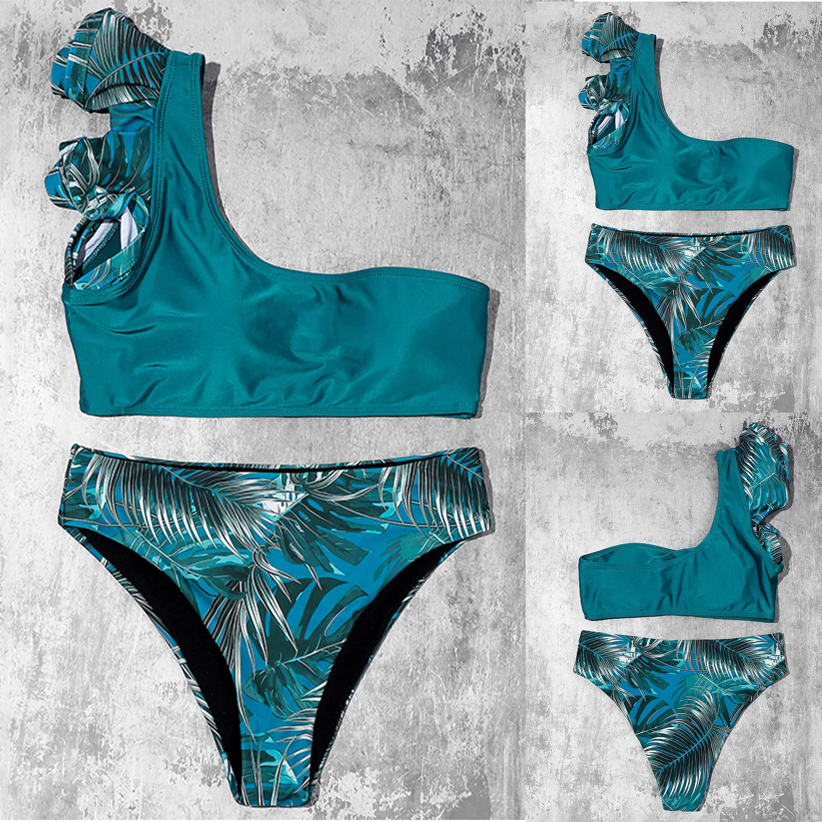 

2pc Summer Swimsuits Leaf Female Pattern Lrregular One-Shoulder Strap Hollow Cross Thong Bathing Swimwear Beachwear Set