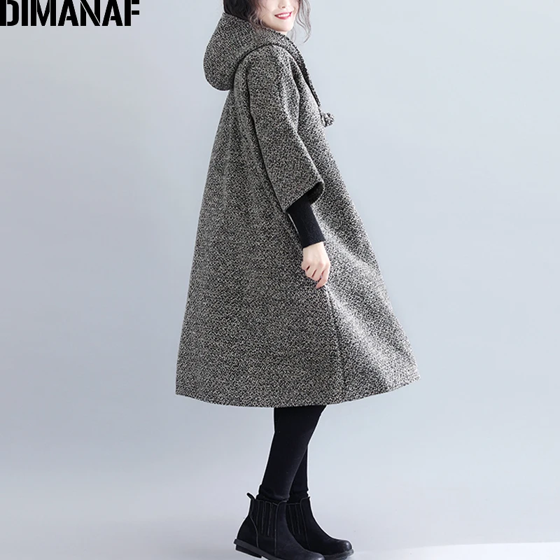Yi881CN-ka DIMANAF плюс размер женские зимние пальто винтажная шерстяная и смешанная утепленная одежда женская верхняя одежда Свободное пальто с капюшоном серого цвета - Цвет: Yi881CN-ka