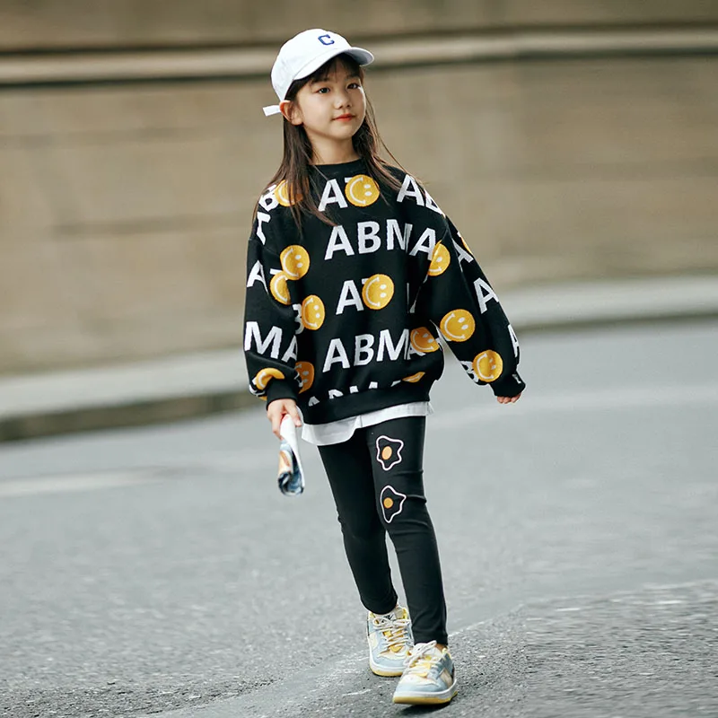 

Повседневная одежда для девочек, свитер, леггинсы, комплект из 2 предметов, топ с буквенным принтом яиц + штаны, спортивный костюм, спортивный костюм для девочек-подростков и студентов