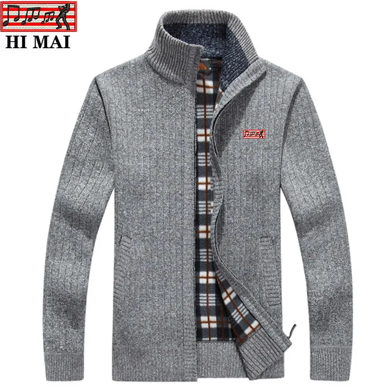

New Winter Thick Men's Knitted Sweater Coat Off White Long Sleeve Cardigan Fleece Full Zip Male Causal Plus Size Clothing coat