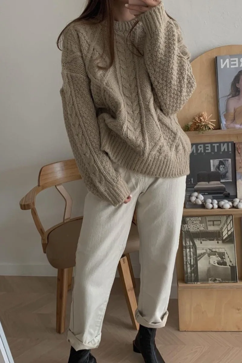 

WHCW CGDSR thick knitted vintage pullover sweater women oversized loose korean spring winter cute jumper elegant woman 2020 lady