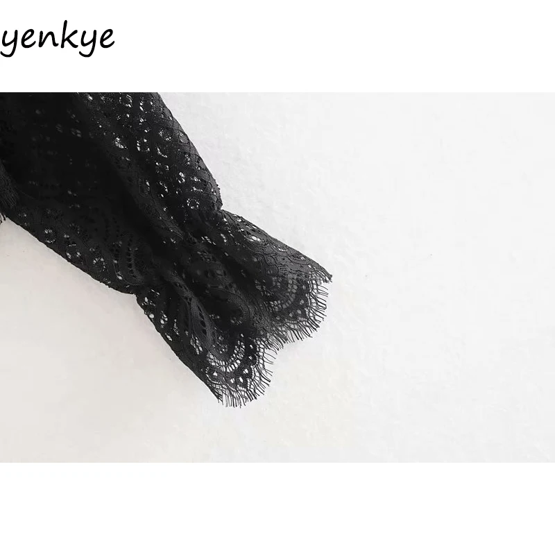 Женская кружевная блузка с длинными рукавами винтажный черный кроп топ оборками