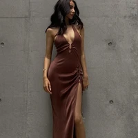 2021 summer sexy backless midi dresses bodycon elegant split club party brown halter hollow out sleeveless long womens dress
