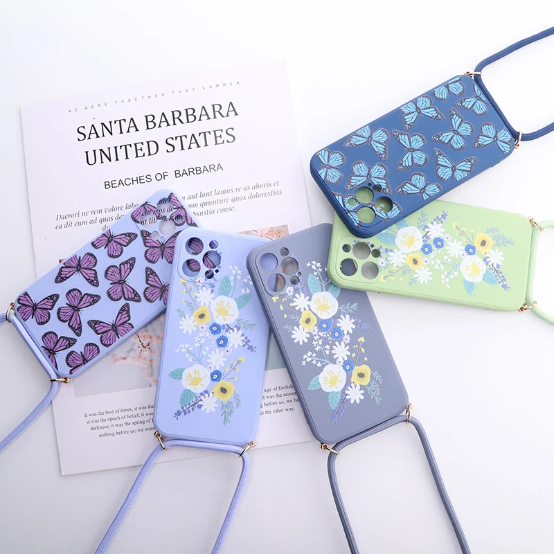

Flower Butterfly Crossbody Lanyard Liquid Silicone Phone Case For iphone 11 12 Pro Max MiNi X XR XS 7 8P Phone Cover With Strap