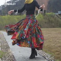 tiyihailey free shipping 2021 new big hem long maxi a line elastic waist women cotton linen print flower high quality red skirt