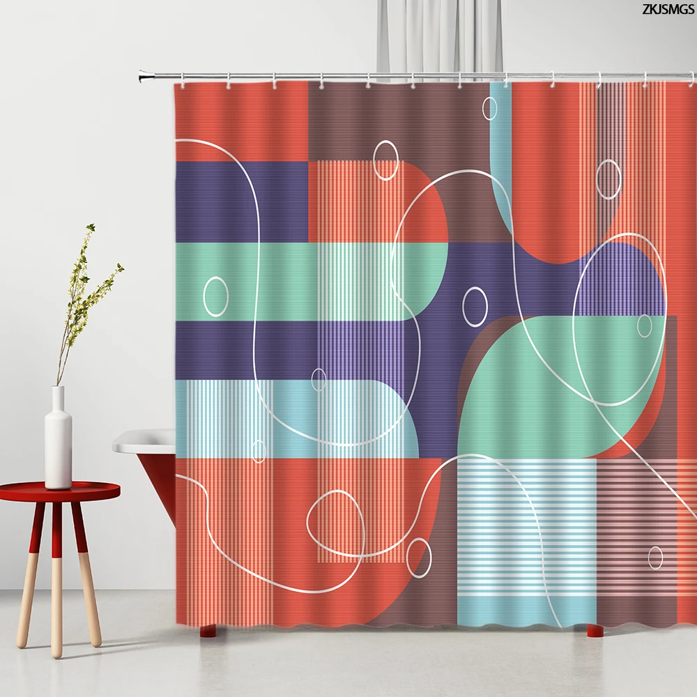 

Color Rainbow Geometric Shower Curtains Blue Green Red Stripe Pattern Printing Polyester Home Bathroom Accessories Curtain Set