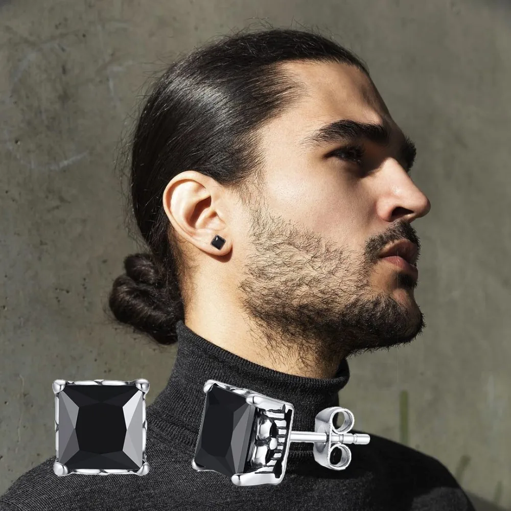 Мужские серьги-гвоздики из нержавеющей стали с черным фианитом | Украшения и