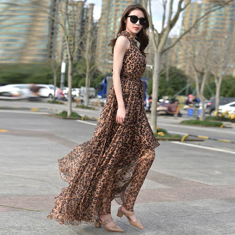 Женское платье-макси с леопардовым принтом длинное пляжное платье оборками и