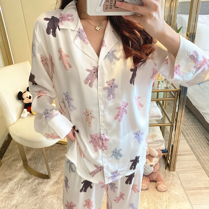

Ice Silk Pajamas Set Women Spring And Autumn Sleepwear Long-sleeved Sweet Fashion Cartoon Bear Loose Thin Cardigan Home Suit