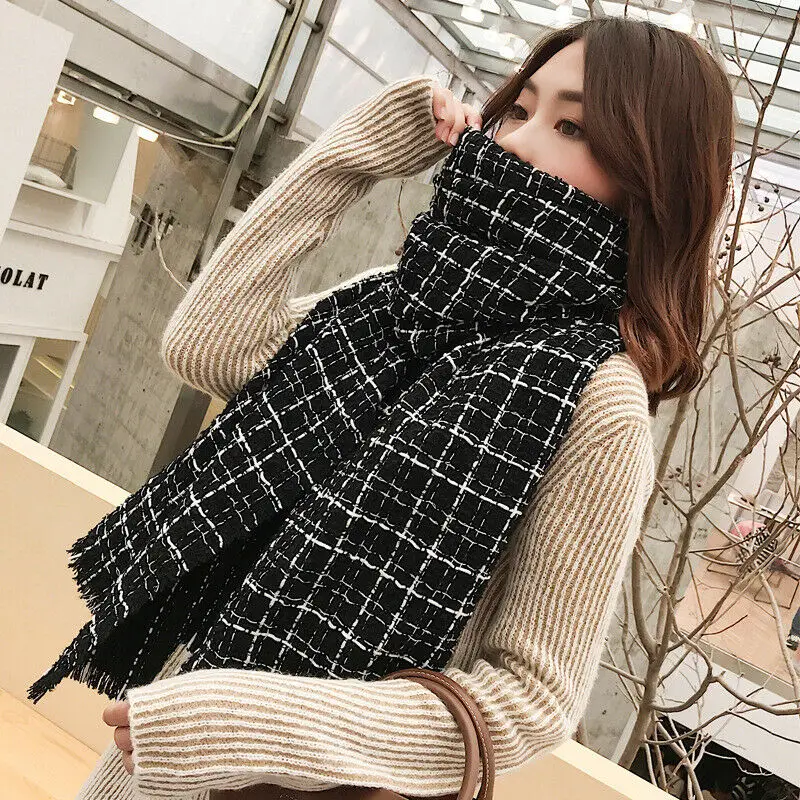 Women Pashmina Winter Plaid Warm Shawl Oversize Cashmere Wrap Stole Long Scarves | Аксессуары для одежды