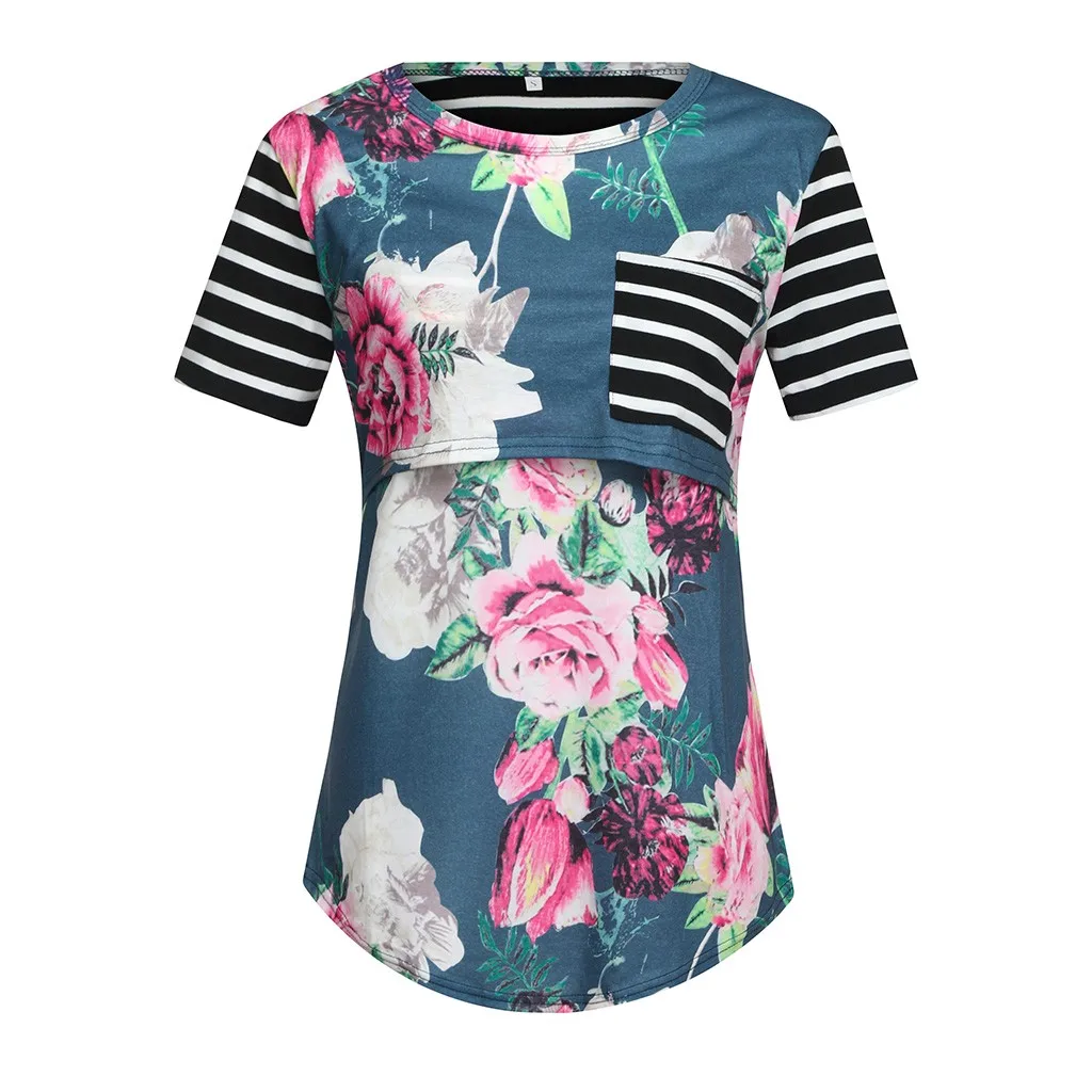 

Breastfeeding Blouse Pregnant Women Nursing T-shirt Tops Summer Maternity O Neck Short Sleeve Stripe Flower Pregnancy Clothes