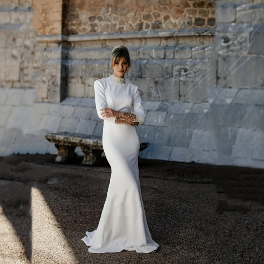 

Muslim White Ivory Wedding Robe Dress Stretchy Beaded High Neck Long Sleeves Cut Out Back Mermaid Gowns Bridal Vestidos De Novia