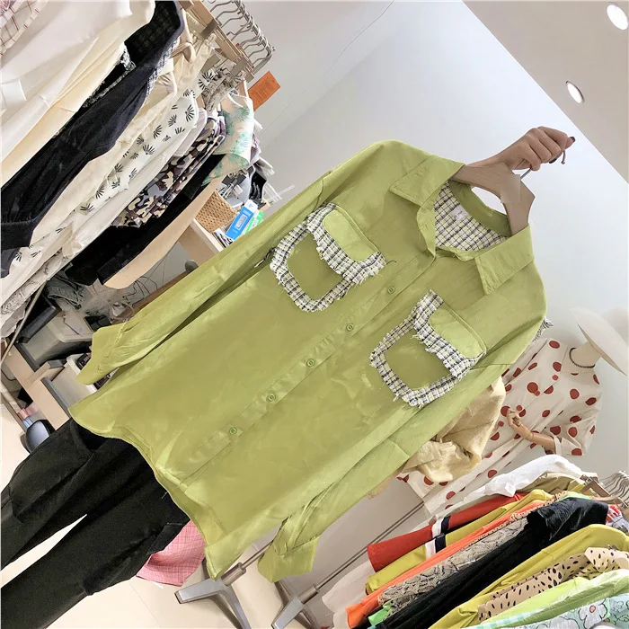 [EWQ] Осенняя Новинка, рубашка с отложным воротником, длинными рукавами и карманами, однотонная, свободная, модная рубашка, свободная белая блузка QK0900