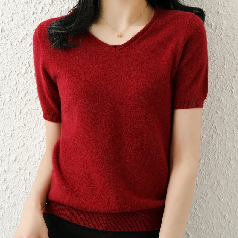 

Cashmere spring and summer new women's V-neck pullover short-sleeved 100% pure wool knitted top Large size T-shirt