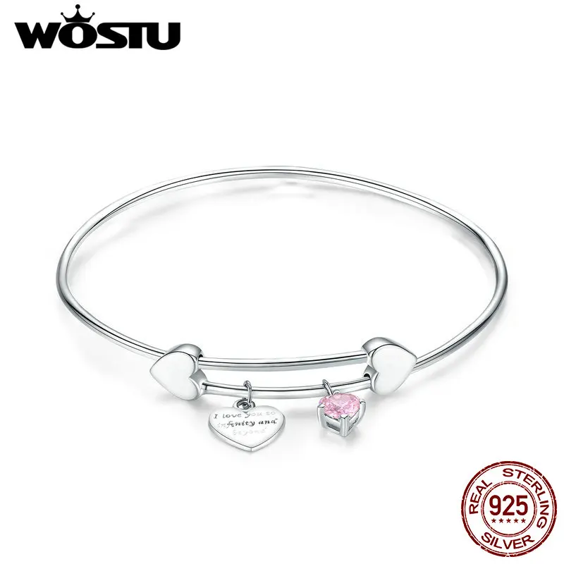 WOSTU,, классические, настоящее 925 пробы, серебряные, сердце, розовый циркон, браслеты для женщин, браслеты, свадебные, ювелирные изделия дружбы CQB124