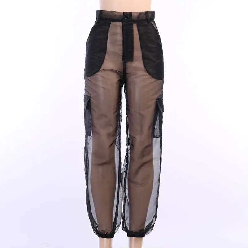 Black Mesh See Through Cargo Pants Women Summer Hight Waist Casual Loose Trousers Femme Pockets Harajuku Pantalon 2021 images - 6