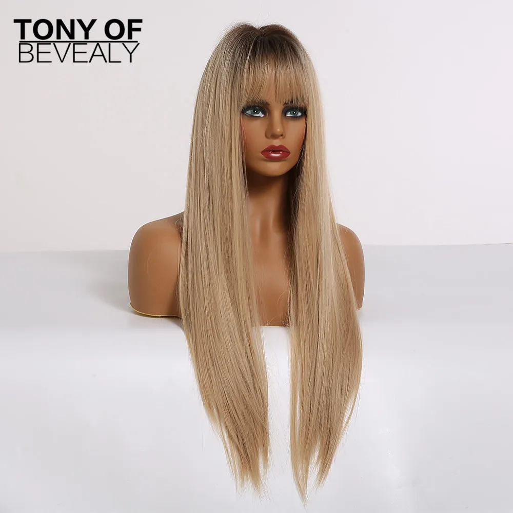 Парики с длинными прямыми волосами от коричневого до светлого омбре челкой