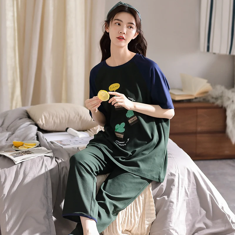 

Женский пижамный комплект большого размера, модная Корейская зеленая пижама с мультяшным принтом, Хлопковая женская летняя футболка с коро...