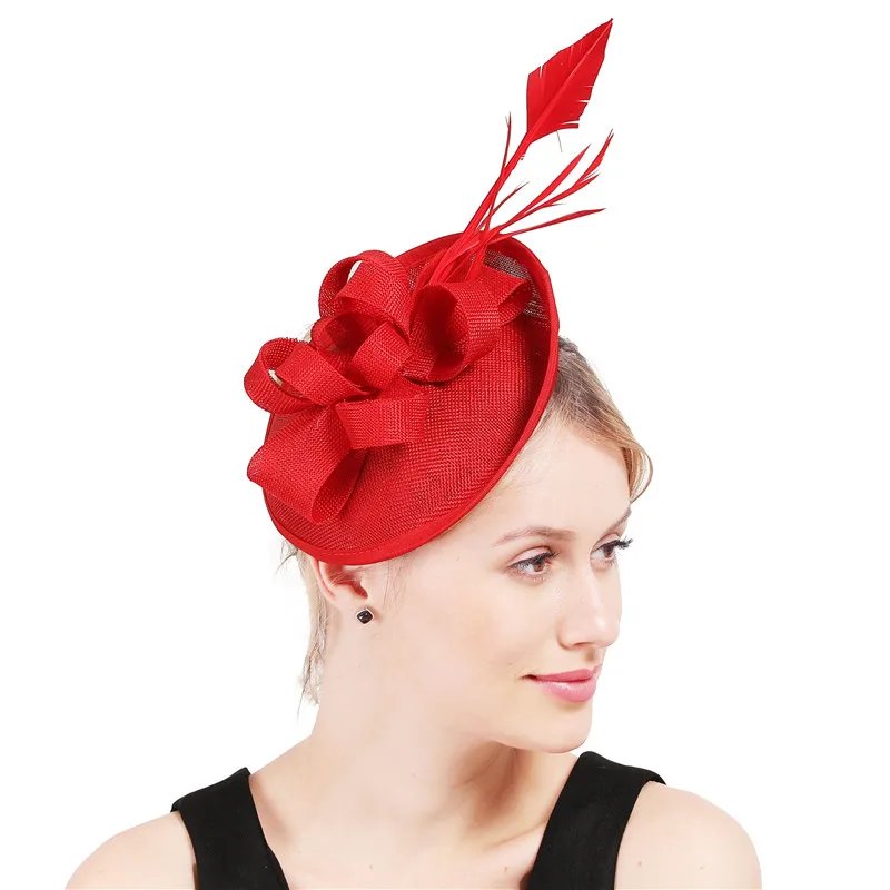 Женская шляпка Вуалетка Sinamay красная или темно синяя вуалетка с перьями
