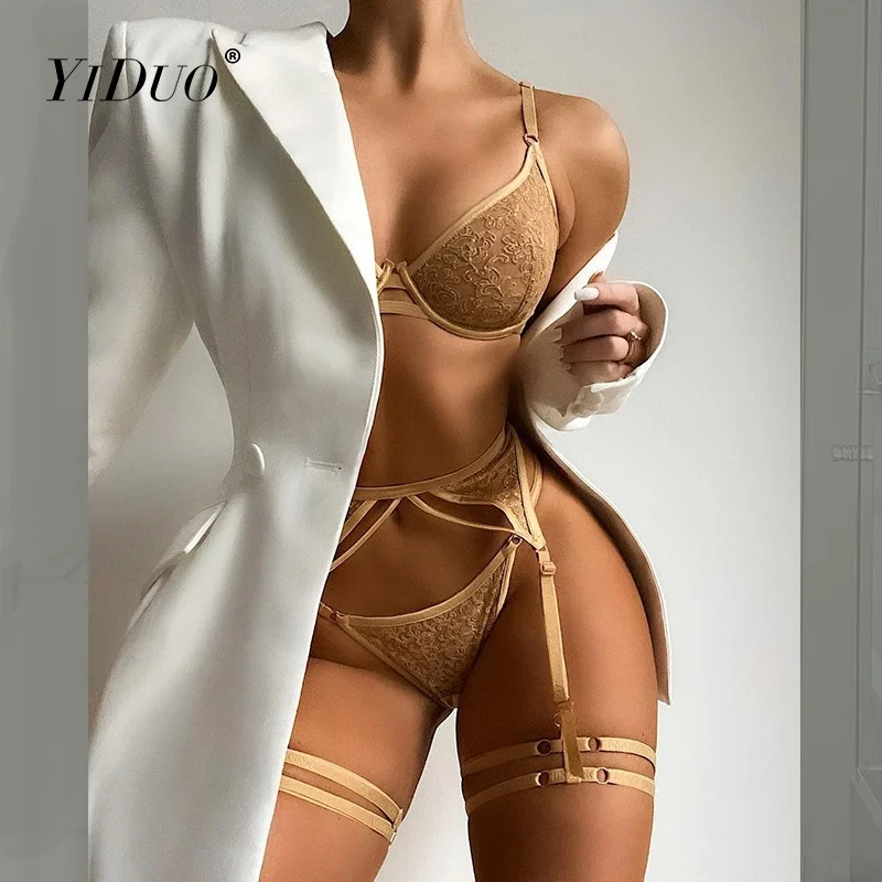 YiDuo Sensual Lingerie Woman Flower Embroidery Lace Sexy Underwire Bra Erotic Underwear Garter Transparent Intimate 4 Piece Sets