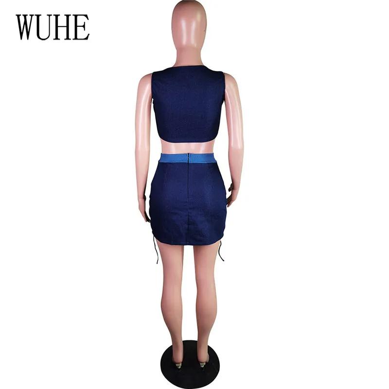 

YEYA Streetwear Women Two Piece Patchwork Spaghetti Strap Breast Wrap Cross Lace Up Crop Top Mini Skirts Nightclub Party Sets