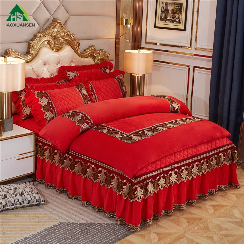 

Dark Red Magic Velvet Flannel Bedding Sets Embroidery Lace Thickening Bed Skirt Pillowcases Duvet Cover Princess Bed for Girl