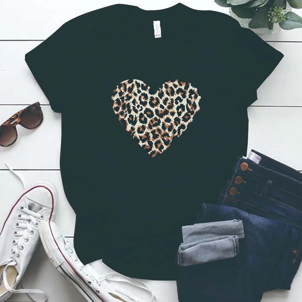 

Leopard Love Heart Print Women Couple Love T Shirt Fashion Harajuku Short Sleeve O Neck Lovely Gift T Shirt for Ladies Tops