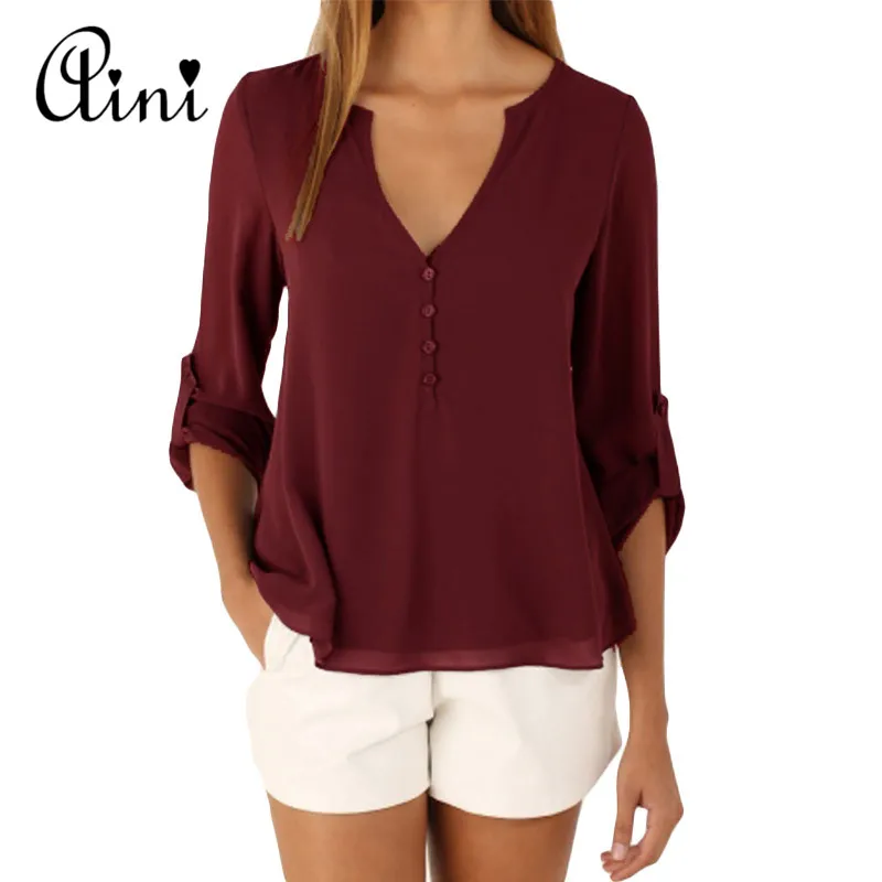 Женские топы и блузки размера плюс 5XL с длинным рукавом одноцветные v-образный