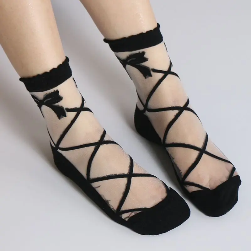 Women's Japanese Bow Large Mesh Crystal Glass Socks | Женская одежда