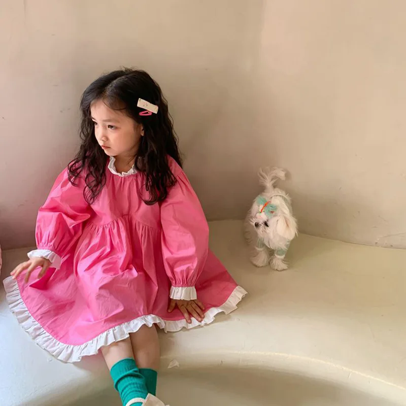 

2022 Spring New Girls Dress Loose Style Fashion Stitching Irregular Color Contrast Princess Dress Children Clothes