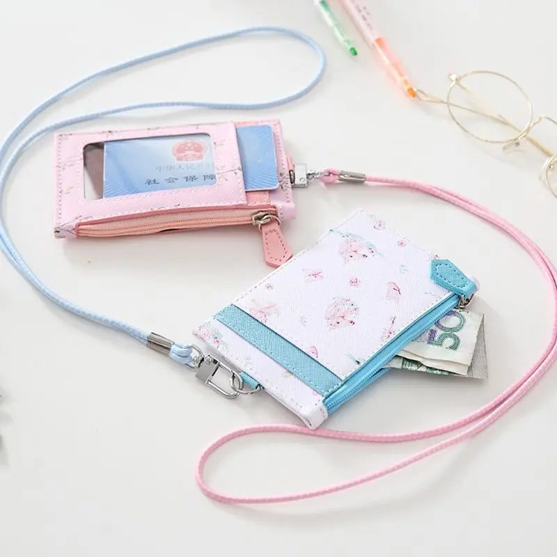 

Portable Leather Card Credit Wallet Badge Holder Coin Pocket Purse with Lanyard J60D