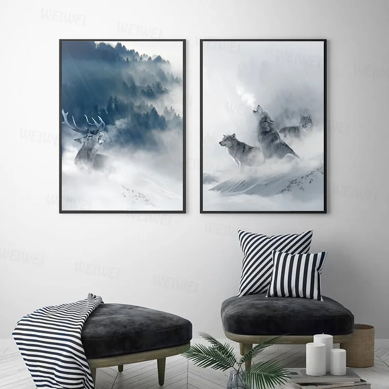 

Nordic Art Wolf Snow Mountains Deer Forest Art Canvas Poster Minimalist Print Nature Picture Modern Home Room Decoration