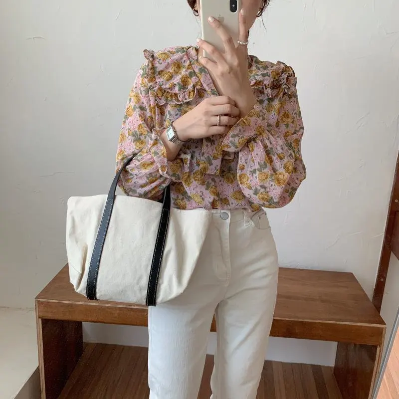 Alien Kitty Korean Women's Sweet Bow Lapel Printed Chiffon Chic 2021 All Match Elegance Florals Office Lady Streetwear Shirts | Женская