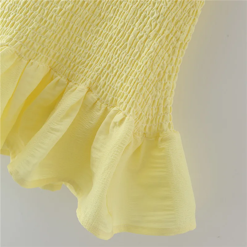 

Za 2021 Textured Weave Mini Dress Women Short Puff Sleeve Ruffle Backless Yellow Party Dresses Chic Smocked Elastic Summer Dress