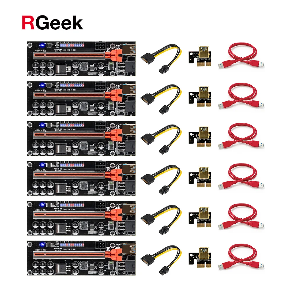 

RGEEK 6 шт. модернизация PCIE Riser 011 PRO 10 Емкость 6Pin супер стабильный PCI Express 16X Райзер видеокарта удлинитель для майнинга