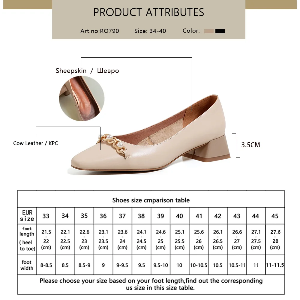 

RJN Fashion Women's Pumps 2021 Spring New Casual Square Toe Pearl Ladies Shoes High Quality Cow Leather Office Lady Shoes RO790