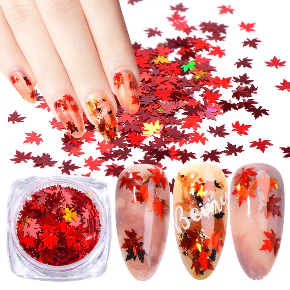 

1BOX Holographic Leaves Nail Art Decorations Yellow Red Sequins Paillette Tips Nail Glitter Flakes Fall Maple Slice Tools