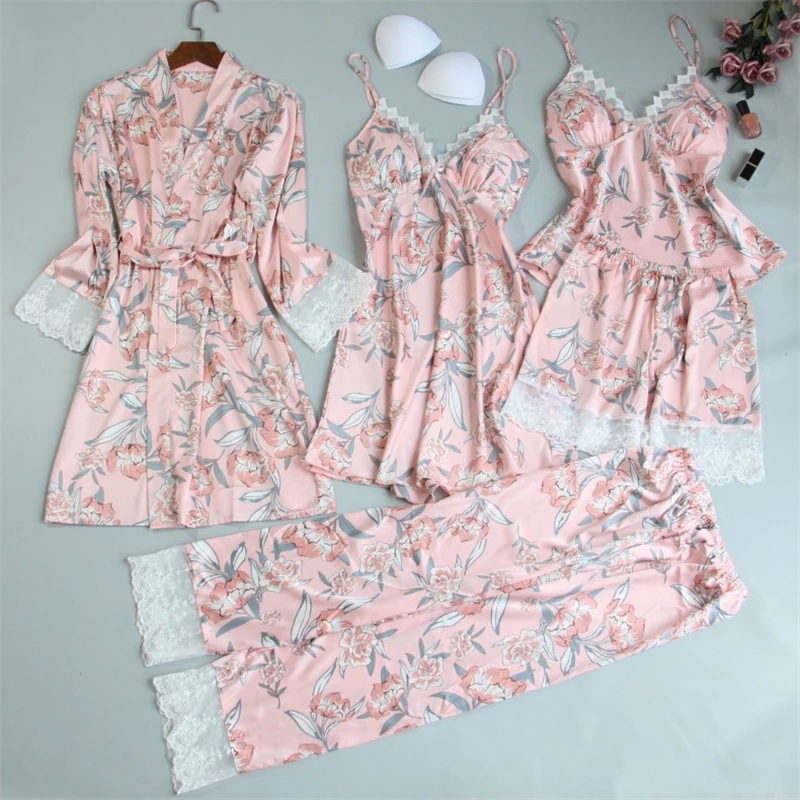 

Sprint Autumn Women Satin Pyjama Set Sexy Floral Print Pajama Sleepwear Night Suits Soft Nightwear Home Clothes With Chest Pads