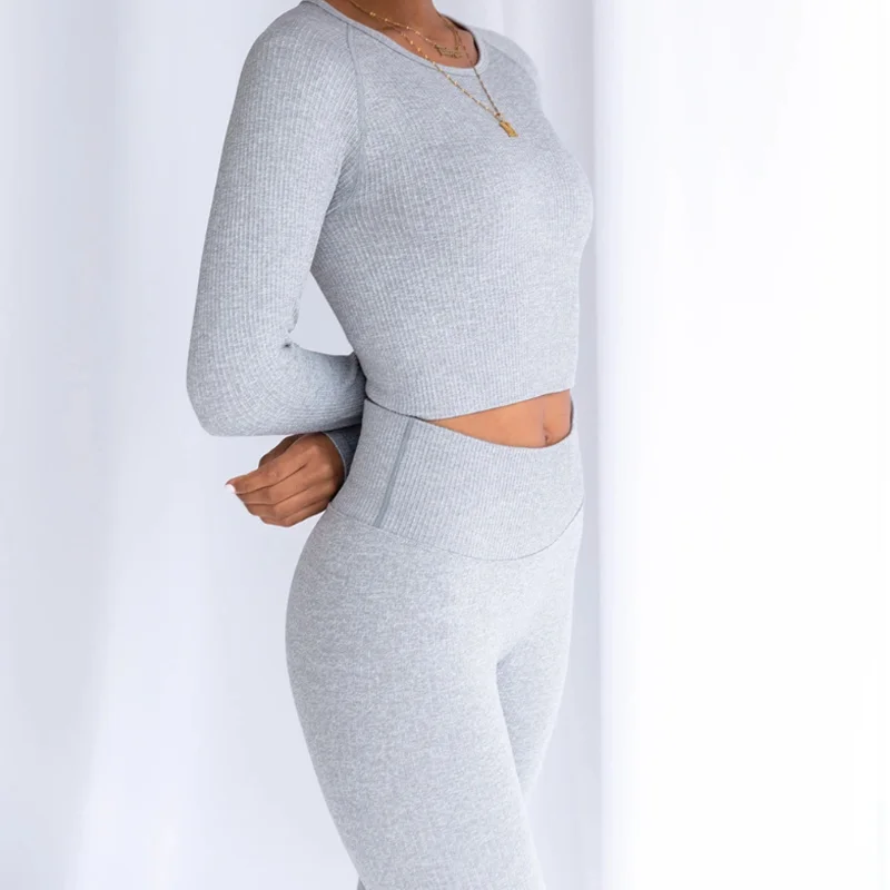 

2 Piece Set Women Sport Yoga Suit Gym Workout Clothes Long Sleeve Fitness Crop Top High Waist Energy Seamless Leggings