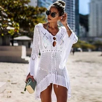 women knitted beach bikini cover ups sexy flared sleeves dress summer hollow out lace up boho ladies loose swimsuit cover ups